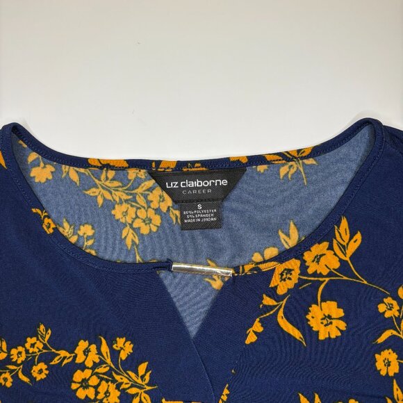 Liz Claiborne Womens Navy Floral V Neck Short Sleeve Top Sz Small‎ Career Office - Picture 2 of 7